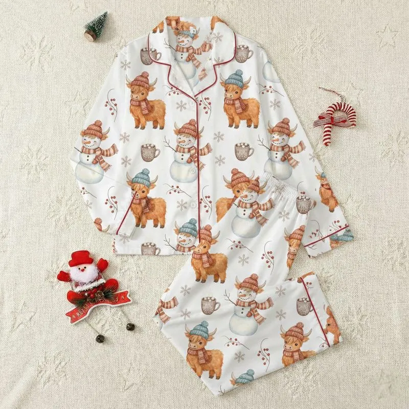 Cozy Winter Fans' Whimsical Watercolor Highland Cow Snowman Pattern, Knitted Hats, Hot Cocoa, Berries Satin Pajamas Set - 00UY-4AVSH