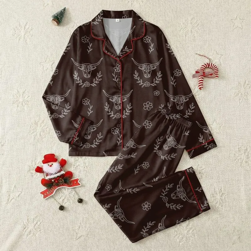 Cow Lovers' Bohemian Dark Chocolate Brown Highland Cow White Line Art Floral Pattern Satin Pajamas Set - 1