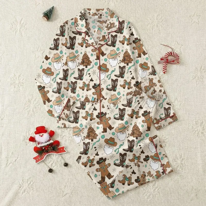 Country Christmas Enthusiasts' Hand-Drawn Gingerbread Cowboy & Santa Hat Teal Cowhide Pattern Satin Pajamas Set - 1