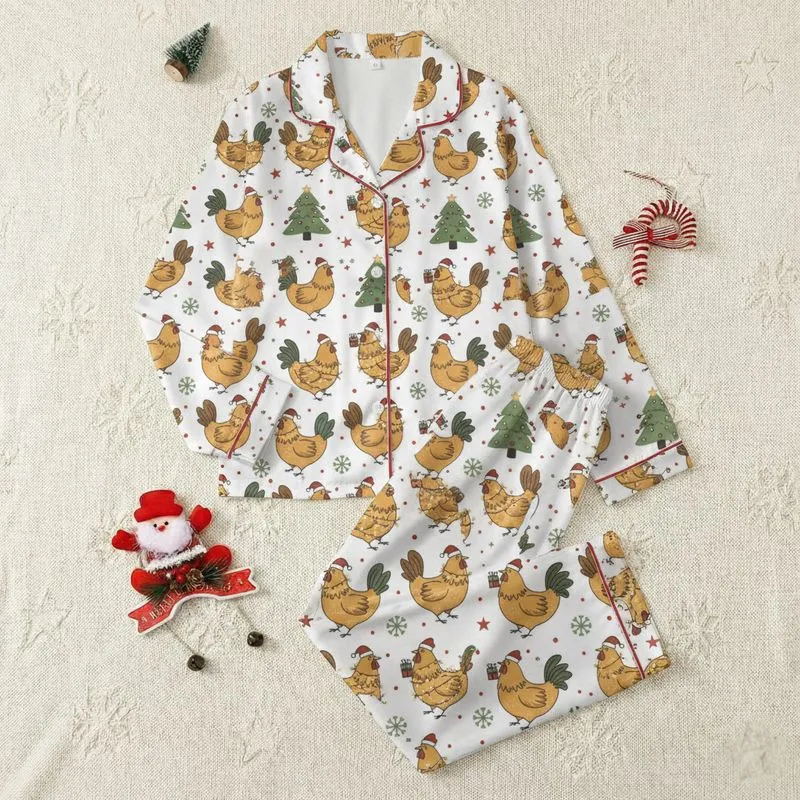 Animal Lovers' Whimsical Festive Chickens Roosters Santa Hats Cranberry Red Stars Forest Green Snowflakes on White Satin Pajamas Set - 1
