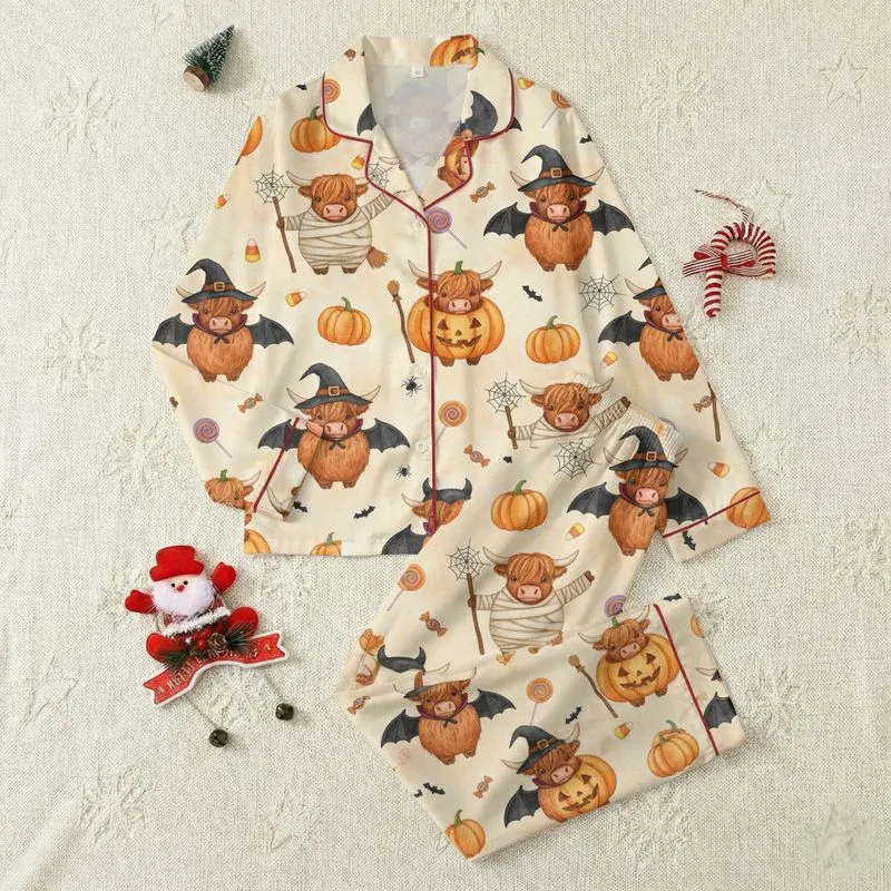 Farm Animal Enthusiasts' Whimsical Watercolor Highland Cow Mummy Witch Vampire Pumpkin Cream-Beige Pattern Satin Pajamas Set - 1
