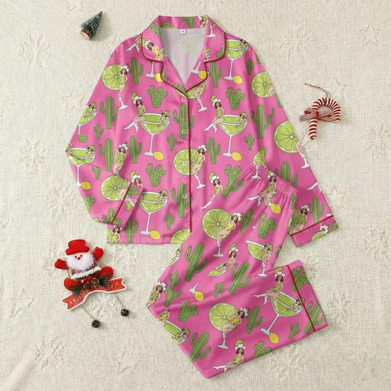 Western Lovers' Vivid Hot Pink Retro Cowgirl Margarita Desert Seamless Pattern with Cacti Satin Pajamas Set - DW6FWY4FE5