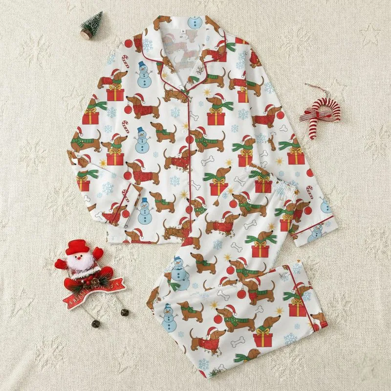 Dachshund Lovers' Whimsical Cartoon Dachshunds Festive Pattern with Red Sweaters, Blue Snowmen, White Background Satin Pajamas Set - 1
