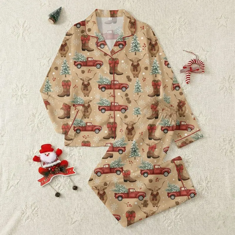 Cozy Holiday Enthusiasts' Warm Beige Rustic Red Highland Cow Winter Wonderland & Vintage Truck Pattern Satin Pajamas Set - 1