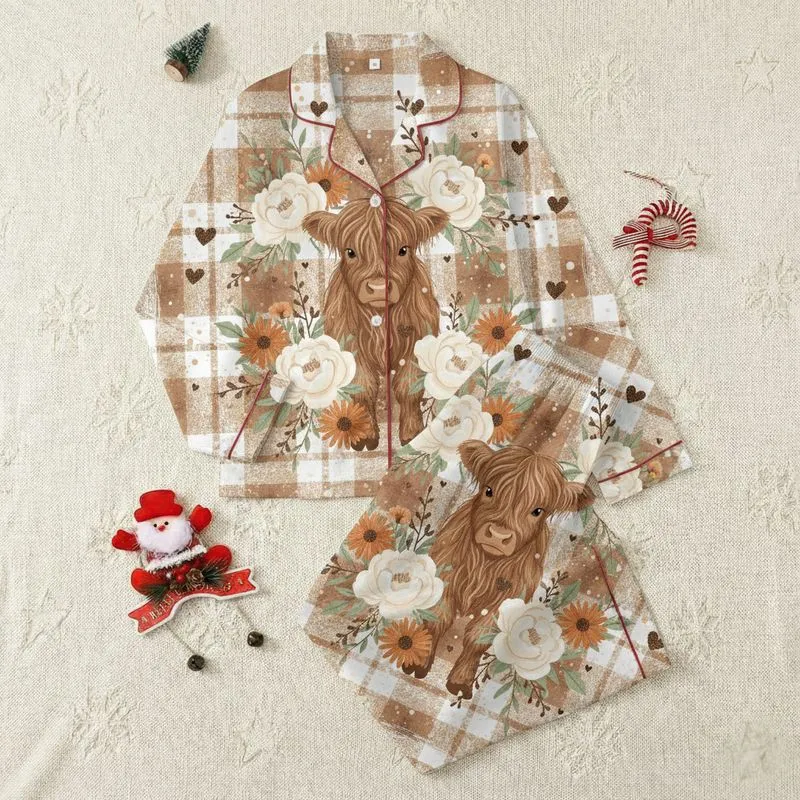 Highland Cow Lovers' Charming Fluffy Baby Highland Cow Rustic Floral Cream Peony Brown Plaid Satin Pajamas Set - 1