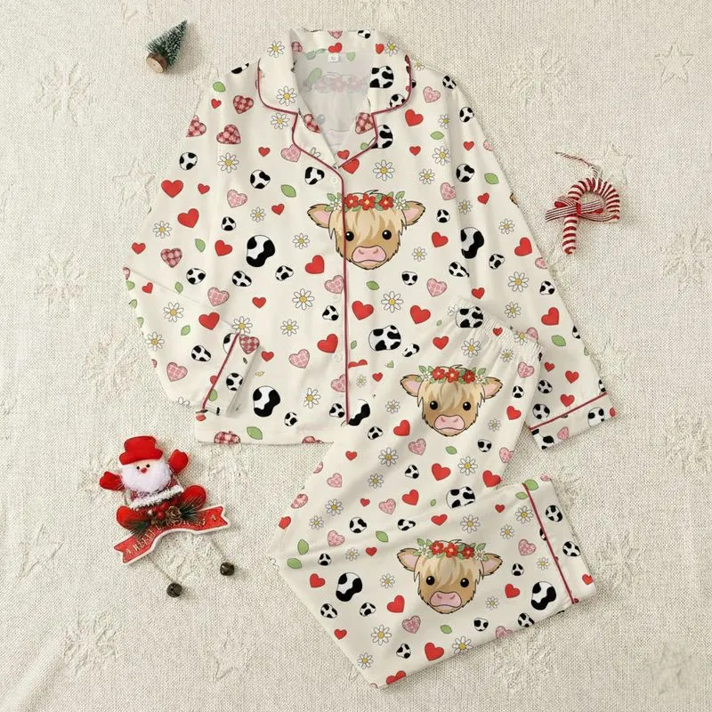 Animal Lovers' Whimsical Highland Calf Floral Crown Creamy Tan Red Hearts Cow Spot Pattern Satin Pajamas Set - BUC_YPMDCS