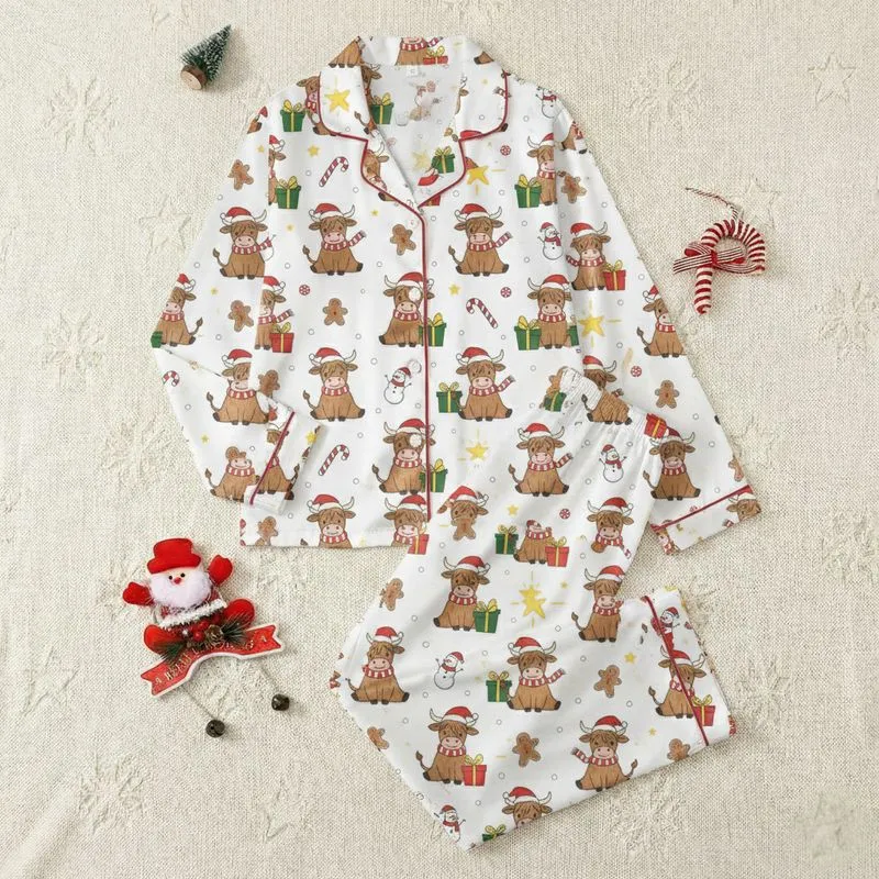 Holiday Animal Lovers' Whimsical Brown Highland Cows in Santa Hats, Christmas Candies & Snowman Pattern on White Satin Pajamas Set - 1