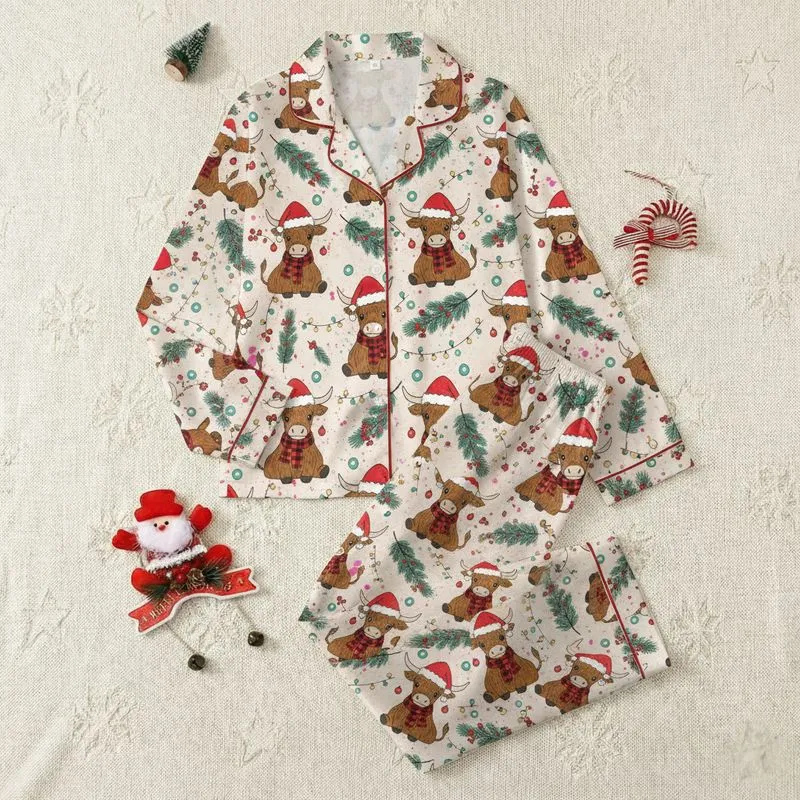 Highland Cow Lovers' Whimsical Santa Hat Plaid Scarf Pine Berry Teal Light Christmas Pattern Satin Pajamas Set - 1