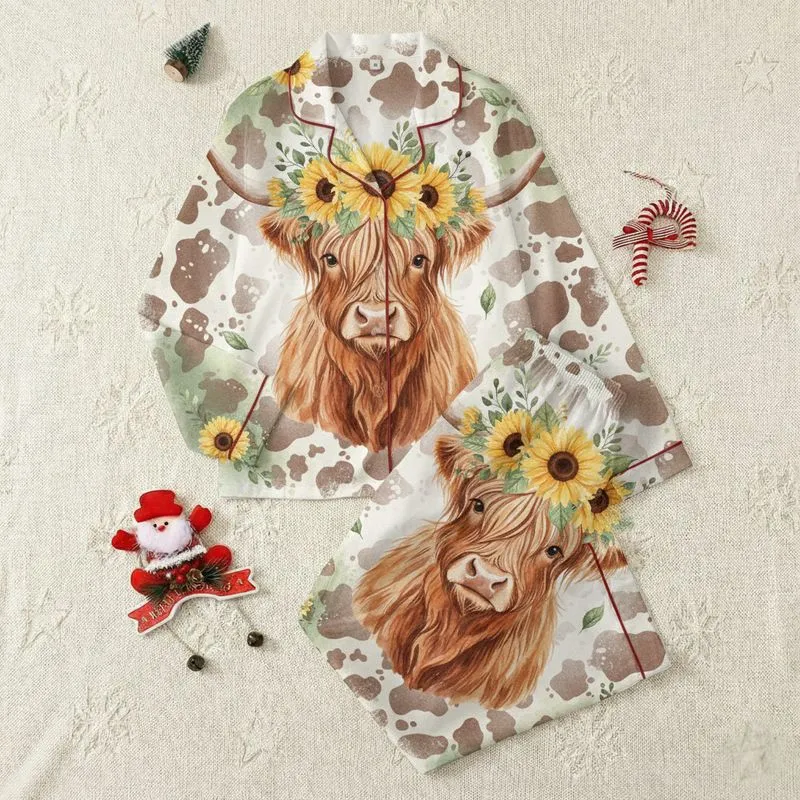 Rustic Fashion Lovers' Shaggy Highland Cow Sunflower Crown Bleached Cow Print Watercolor Design Satin Pajamas Set - 1
