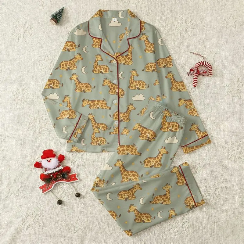 Little Ones & Families Muted Sage Green Sleepy Baby Giraffe Cloud Star Pattern, Golden Yellow & Cream Gentle Art Satin Pajamas Set - 1