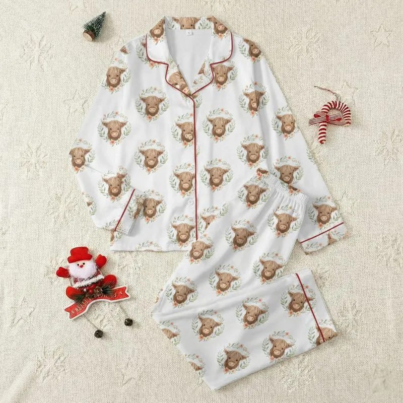 Kids' Charming Watercolor Highland Cow Heads in Pastel Floral Wreaths All-Over Pattern Satin Pajamas Set - 1