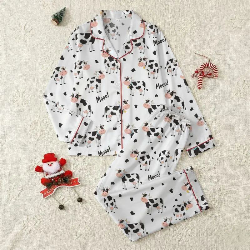 Women's Playful Cartoon Cow Black Spot White Background Pink Snout Yellow Bell 'Mooo!' Text Pattern Satin Pajamas Set - 1