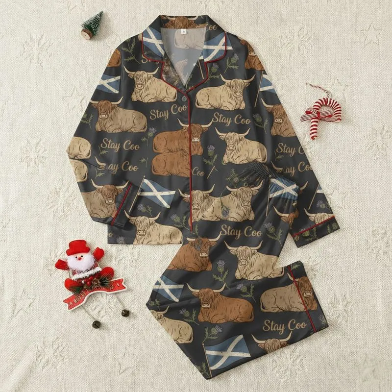 Scottish Culture Enthusiasts' Vintage Hand-Drawn Highland Coo & Thistle Pattern with Distressed Flags, Muted Browns & Olives on Charcoal Satin Pajamas Set - 1