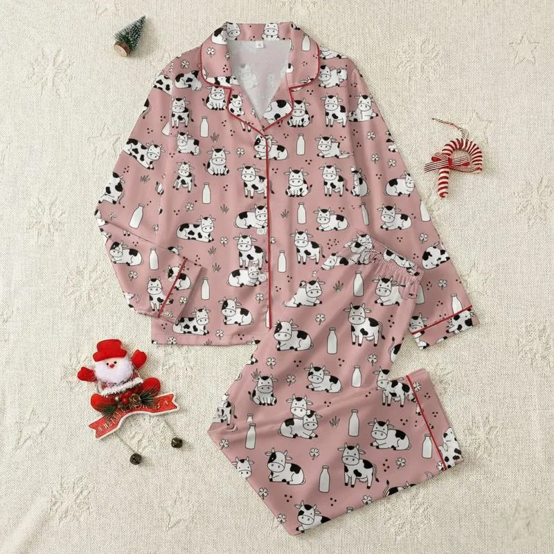 Kids' Dusty Rose Cartoon Farm Animal Pattern with Black & White Cows, Milk Bottles, Clovers Satin Pajamas Set - 1