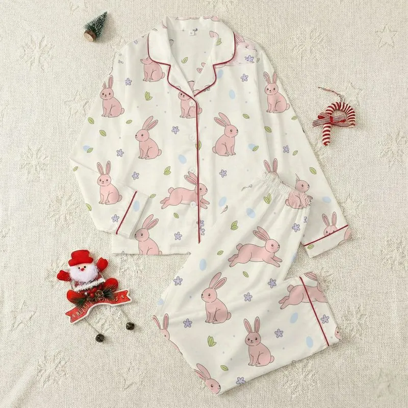Family Playful Cartoon Bunnies Pastel Pink Green Lavender Flowers Pale Blue Oval Shapes Pattern Satin Pajamas Set - 1