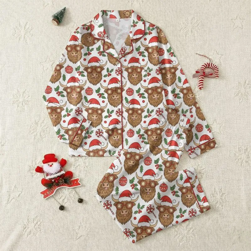 Whimsical Holiday Lovers Brown Highland Cow, Red Santa Hat, Snowflake Glasses, Holly Berries, Striped Candy, Star Bauble Pattern Satin Pajamas Set - 1