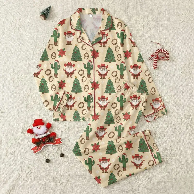 Family's Hand-Drawn Western Christmas Cream Design: Cowboy Santas, Festive Saguaro Cacti, Lasso Trees Satin Pajamas Set - 1