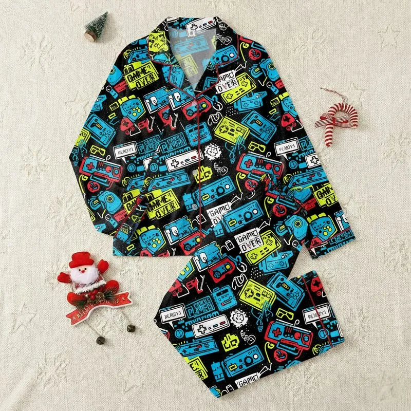 Men's Gaming Culture Fan Energetic Retro Graffiti Controllers Pixel Text Black Electric Blue Neon Yellow Pattern Satin Pajamas Set - 1
