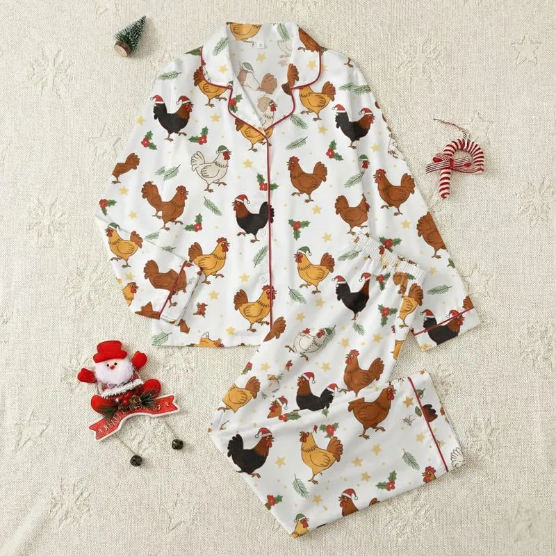 Families' Whimsical Brown & Red Chicken Green Holly White Christmas Farm Pattern Satin Pajamas Set - 1