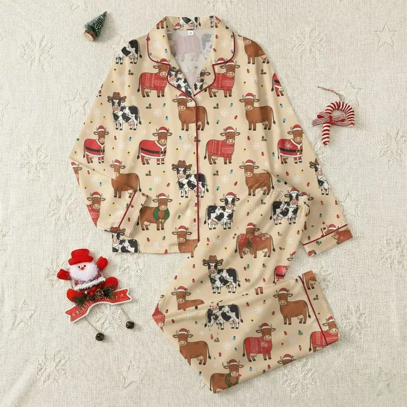 Holiday Animal Lovers' Festive Illustrative Cows in Santa Suits, Cowboy Hats, & Bright Christmas Lights Pattern Satin Pajamas Set - 1