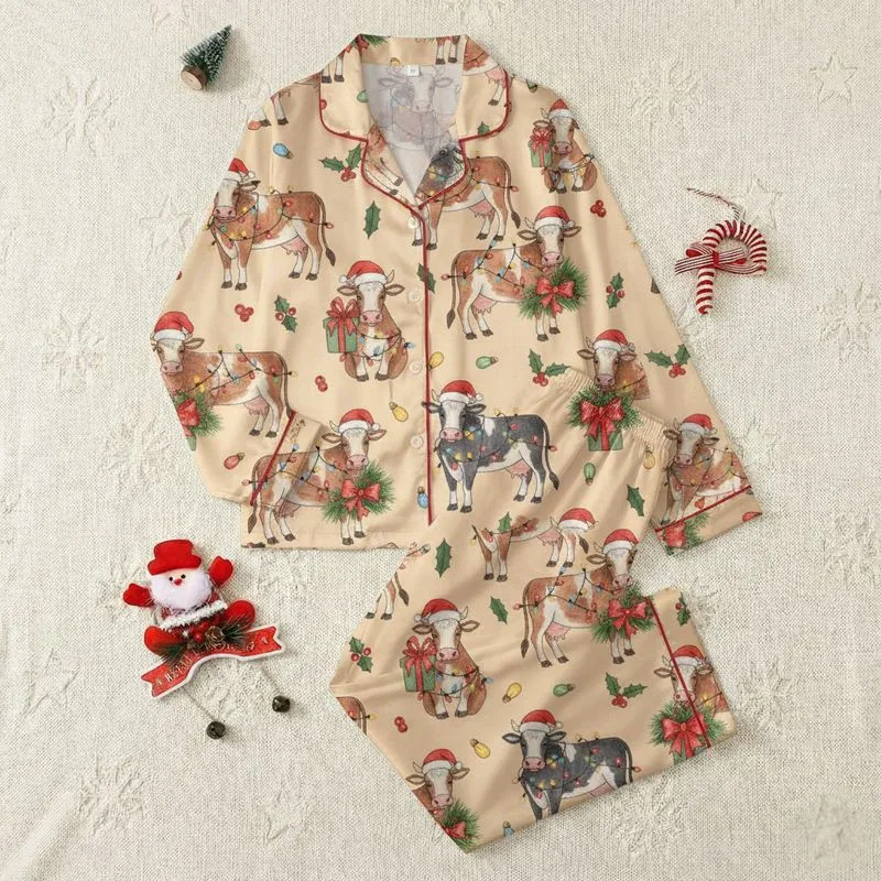 Farmhouse Christmas Fans Whimsical Hand-Drawn Cows with Santa Hats, Colorful String Lights & Holly on Cream Satin Pajamas Set - 1