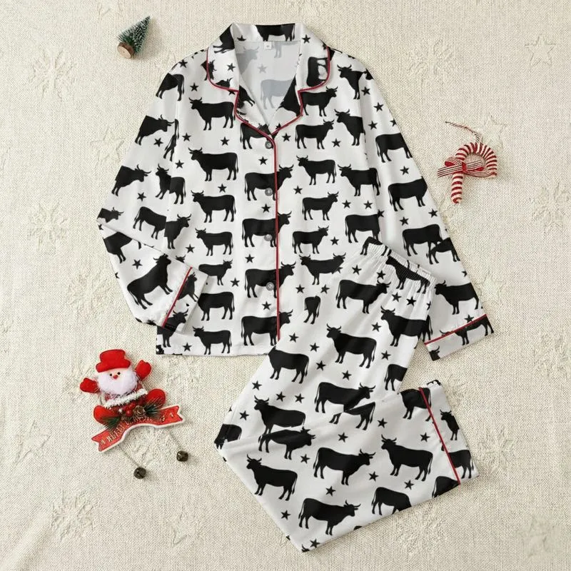 Kids' Black White Minimalist Rustic Farm Cattle Silhouette Seamless Pattern with Scattered Stars Satin Pajamas Set - 1