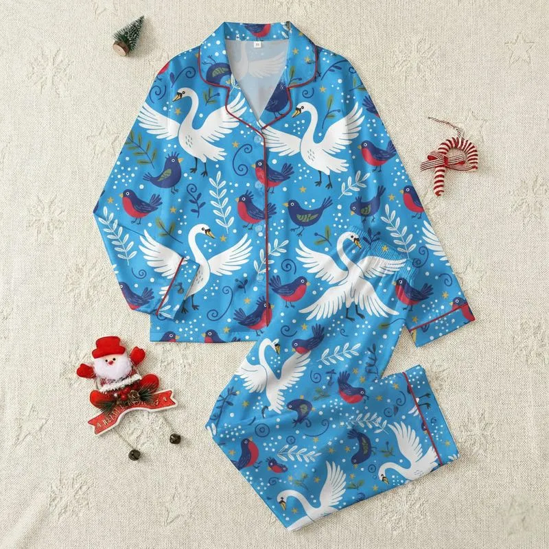 Families' Whimsical Cerulean Blue Folk Art White Swans, Red Birds, Indigo Vines, Gold Stars Satin Pajamas Set - 1