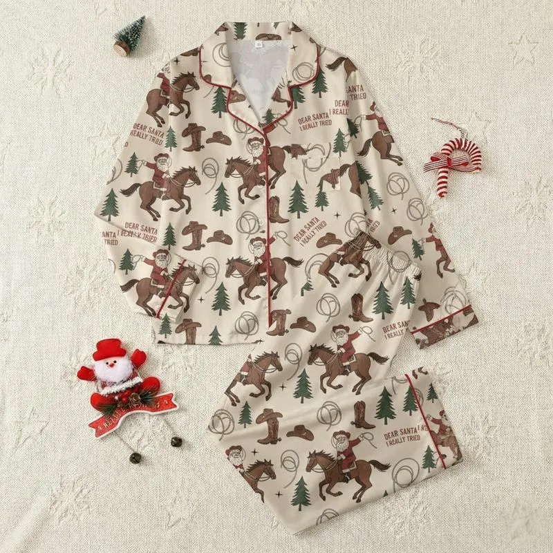 Country Christmas Families' Retro Cowboy Santa Horse Lasso Red Green Rustic Pattern Satin Pajamas Set - 1