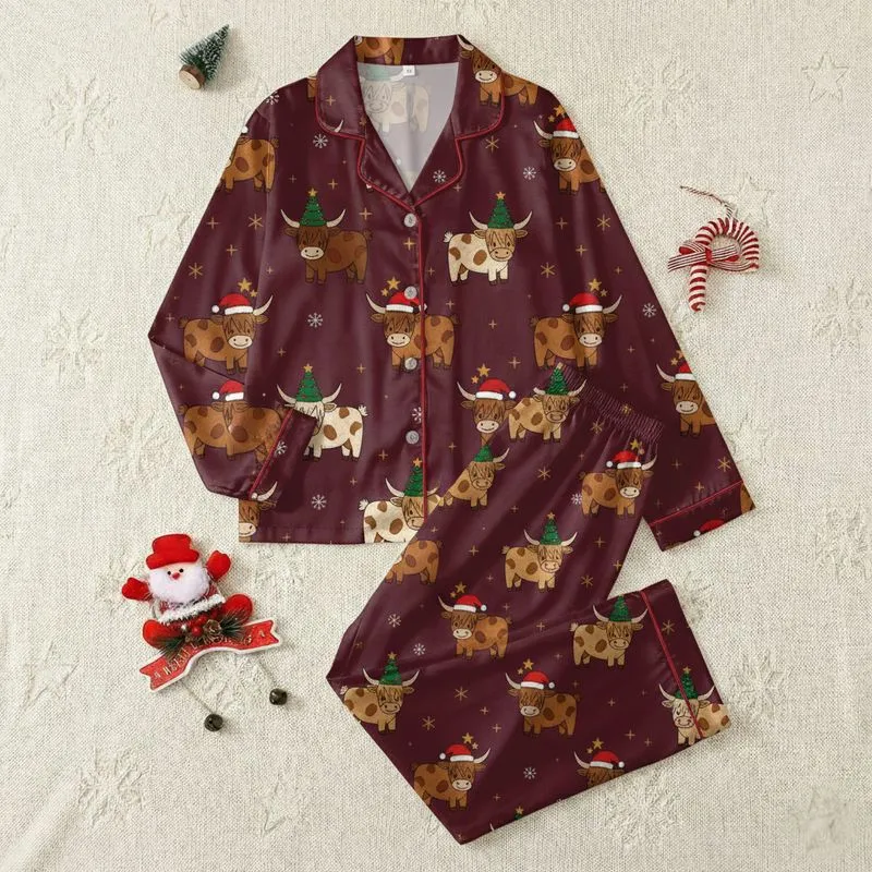 Holiday Animal Lovers' Whimsical Cartoon Highland Cow Festive Christmas Pattern with Santa Hats Snowflakes on Maroon Satin Pajamas Set - 1