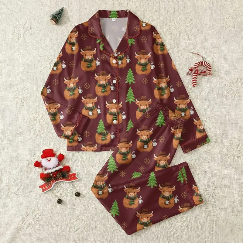 Cozy Holiday Charm Lovers Illustrative Highland Cow Cowboy Hat Plaid Scarf Golden Snowflake Maroon Pattern Satin Pajamas Set - 1