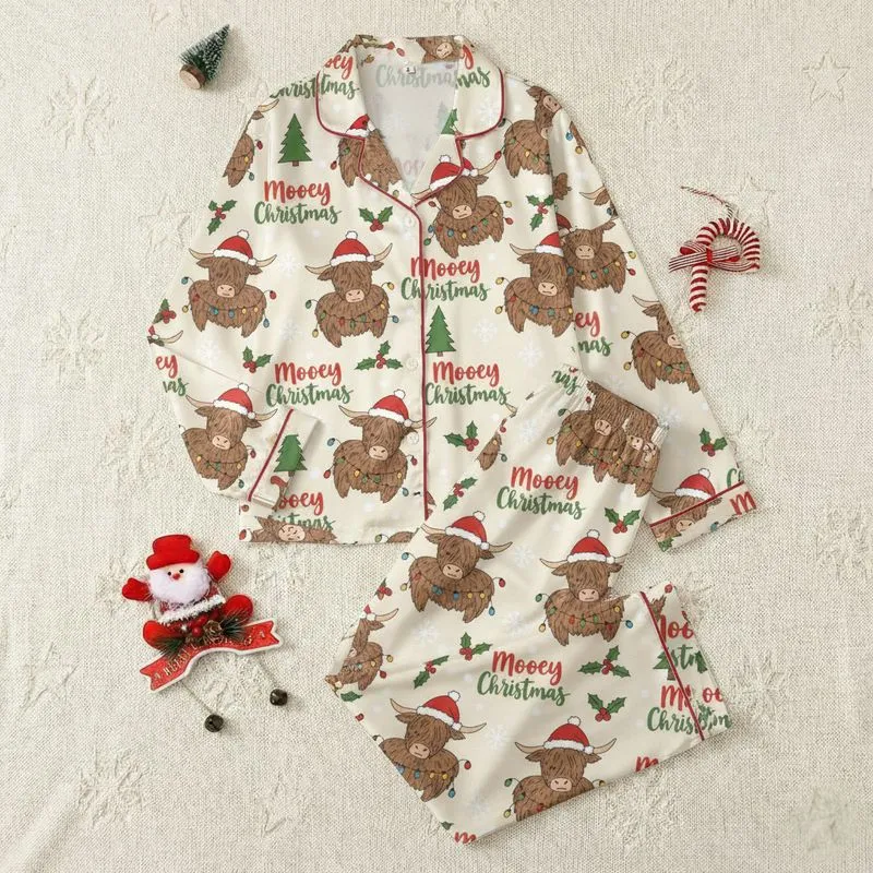 Highland Cow Lovers' Festive Whimsical Red Santa Hat Christmas Lights Holly Pattern Satin Pajamas Set - 1