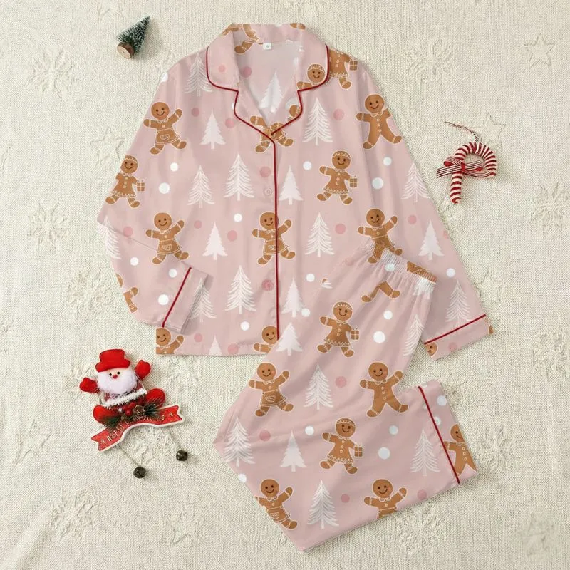 Families' Whimsical Hand-Drawn Gingerbread Figures Pastel Pink Pine Tree Pattern Satin Pajamas Set - 1