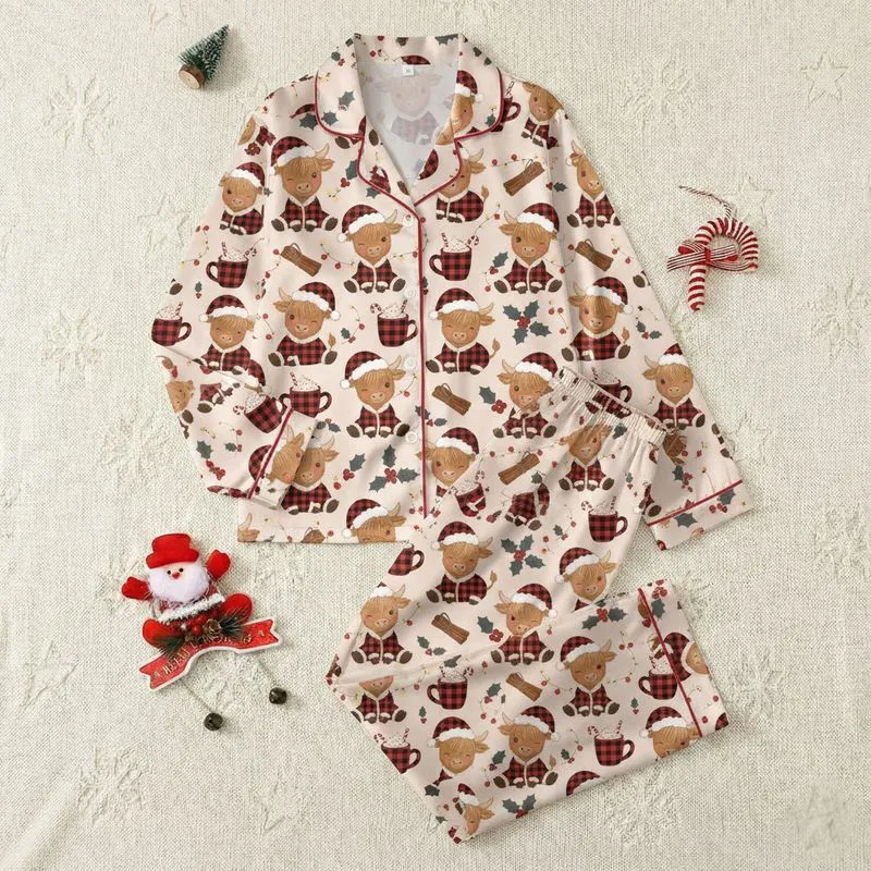 Cozy Christmas Fans' Fluffy Red Plaid Baby Highland Cow Pattern, Warm Browns, Hot Cocoa & Holly Satin Pajamas Set - 1