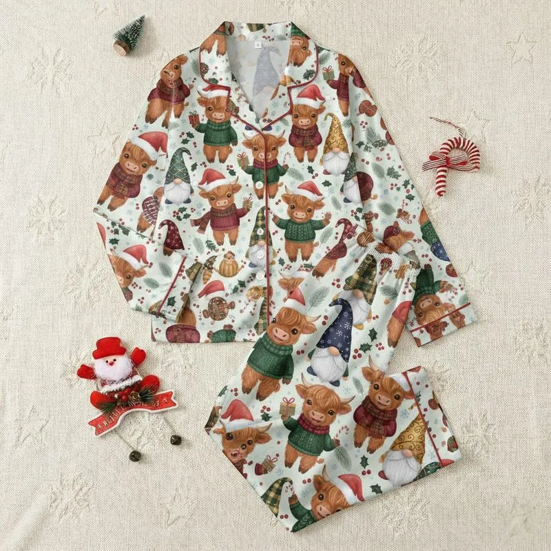Crafters' Whimsical Highland Cow & Gnome Christmas Seamless Pattern: Crimson Hats, Forest Green Plaid, Berry Accents Satin Pajamas Set - 1