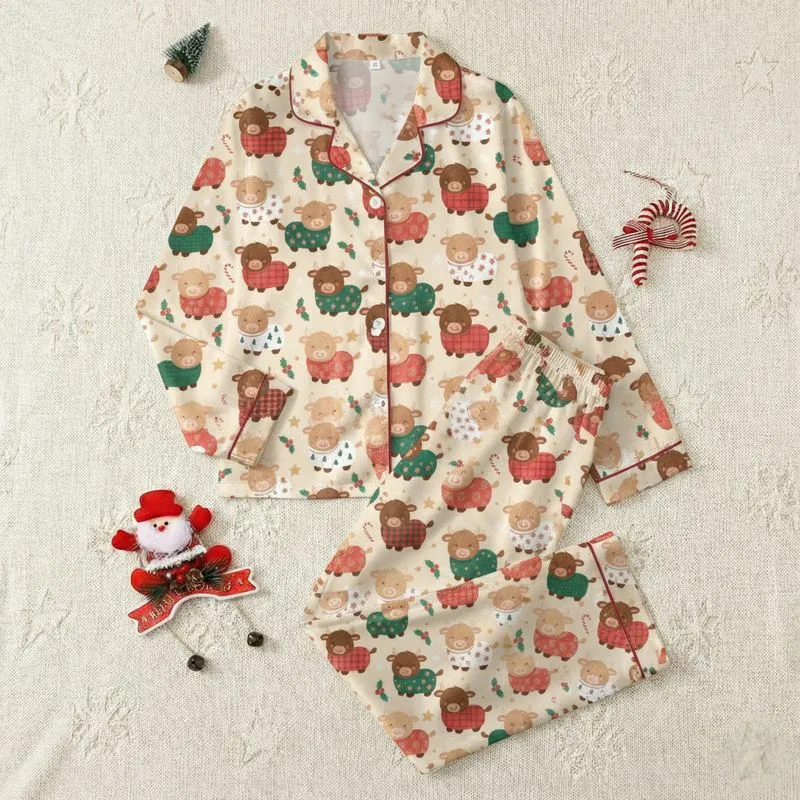 Cozy Christmas Fans' Whimsical Baby Highland Cow Pajama Plaid Gingerbread Pattern Satin Pajamas Set - 1