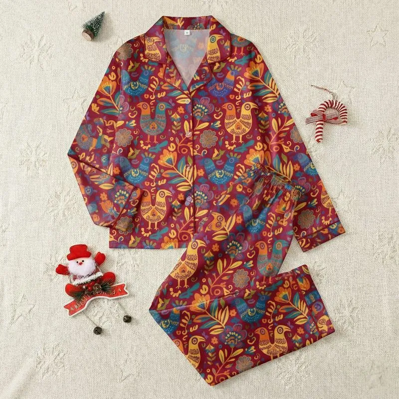 Art Enthusiasts Intricate Otomi Folk Art Crimson Red Blue Yellow Flora Fauna Satin Pajamas Set - 1