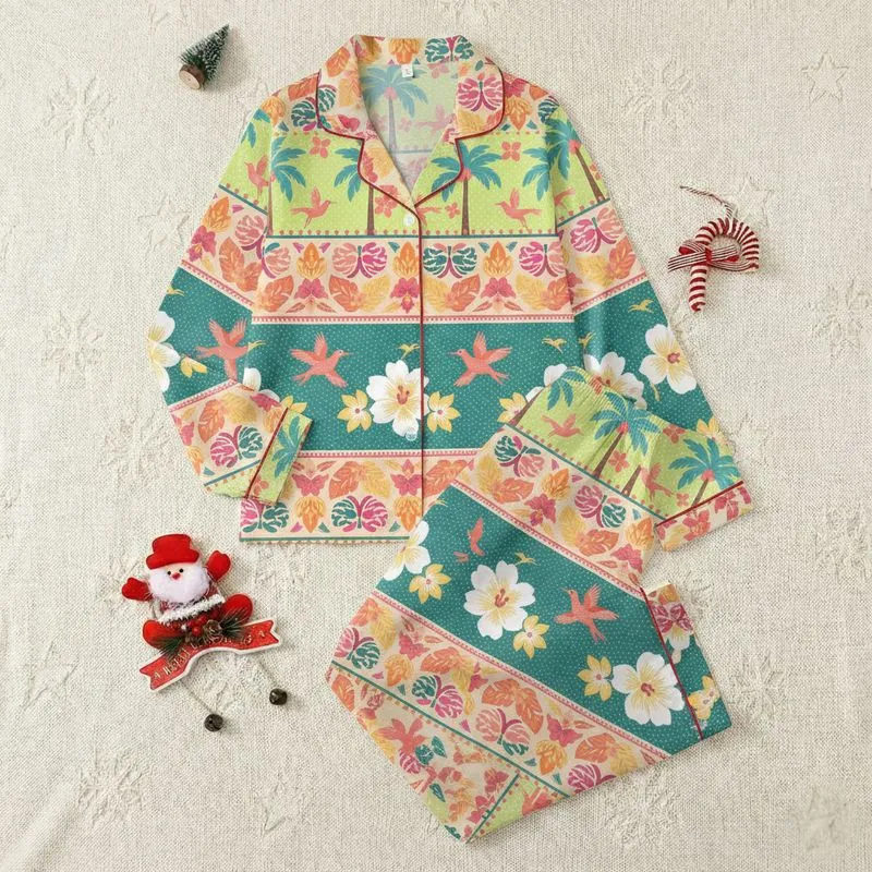 Bohemian Tropical Oasis: Vibrant Teal Coral Palm Tree & Exotic Bird Foliage Satin Pajamas Set - 1