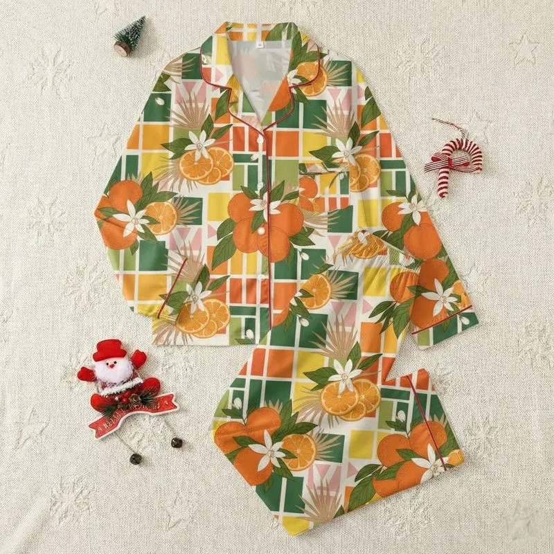 Women's Illustrative Hand-Drawn Orange Fruit & Tropical Botanical Geometric Pattern Satin Pajamas Set - 1