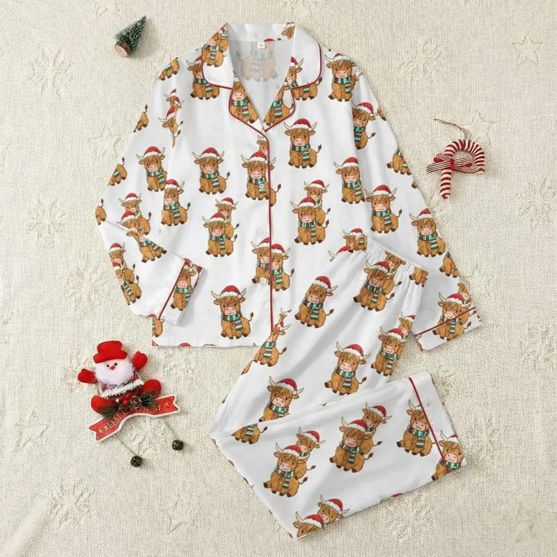 Highland Cow Lovers' Whimsical Christmas Cow Pattern in Warm Browns with Red Santa Hats & Festive Striped Scarves Satin Pajamas Set - 1