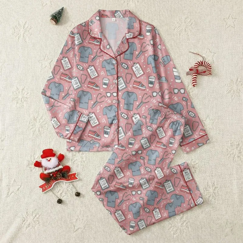 Nurses & Healthcare Workers' Dusty Rose Medical Scrubs Stethoscope RN Coffee Cup Cartoon Pattern Satin Pajamas Set - 1