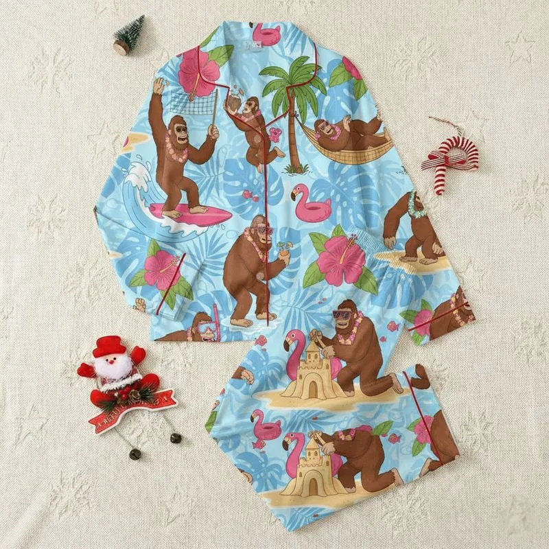 Tropical Vacation Enthusiasts' Cartoon Bigfoot Flamingo Beach Party, Hot Pink Hibiscus, Blue Monstera Leaves, Vibrant Summer Illustration Satin Pajamas Set - 1