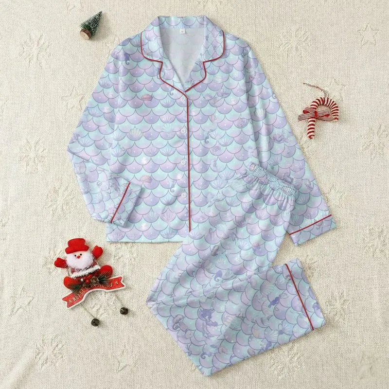 Women's Pearlescent Mermaid Scale Pattern, Pastel Lavender Lilac Aqua Mint, Seashell & Seahorse Graphics Satin Pajamas Set - 1