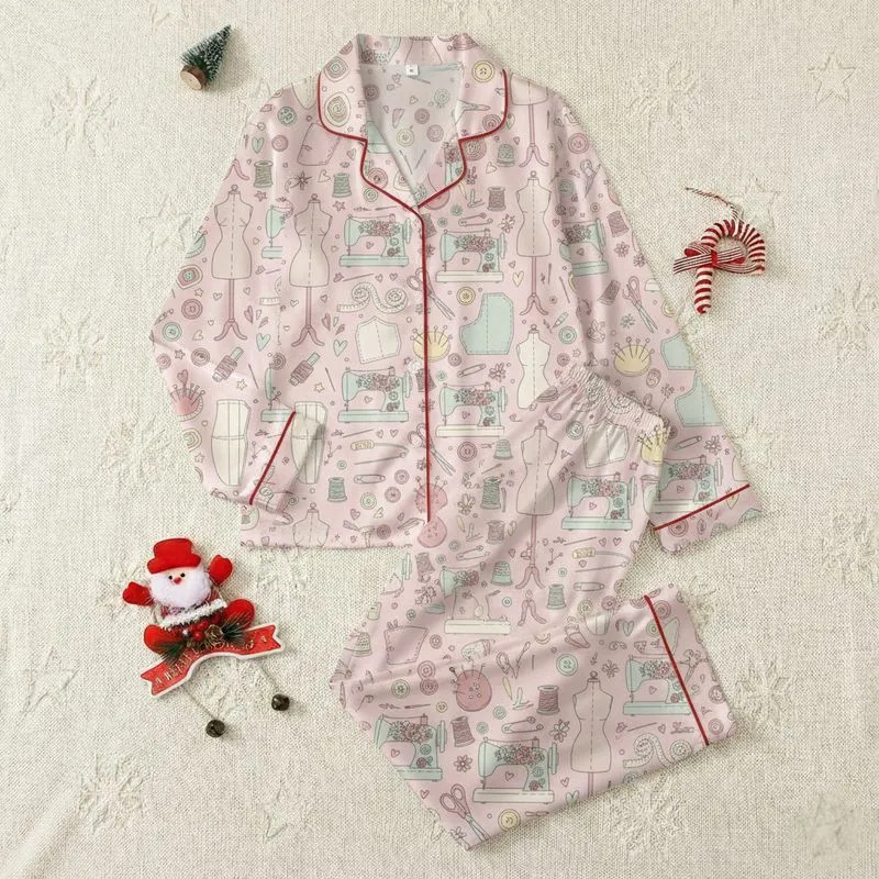 Sewing Enthusiast's Blush Pink Pastel Vintage Sewing Machine Tailoring Tools Pattern Satin Pajamas Set - 1