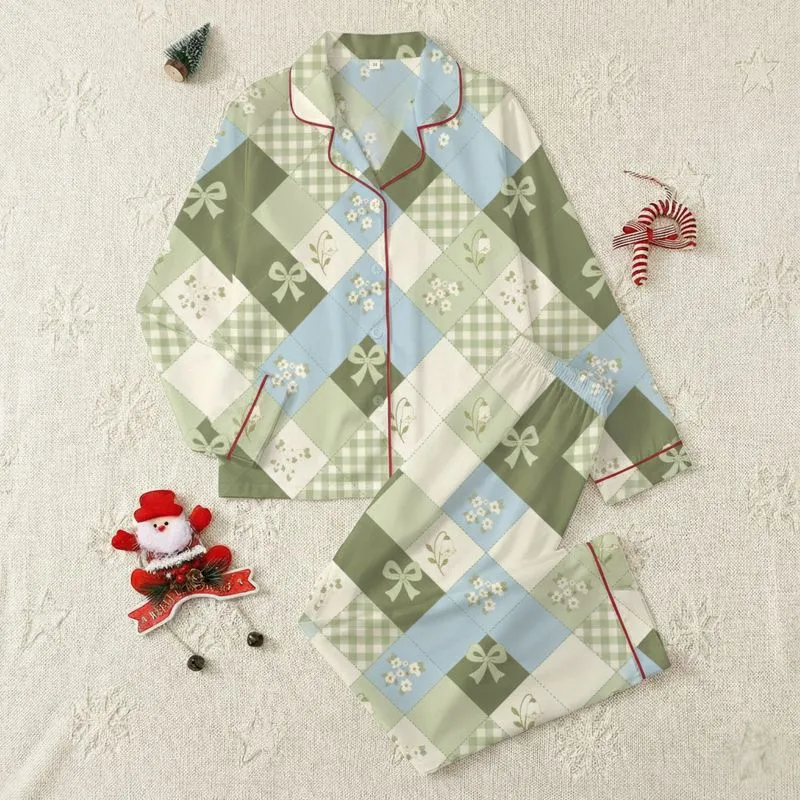 Women's Whimsical Quilt-Inspired Diamond Patchwork: Olive Bows, Blue & Cream Florals, Gingham Grid Satin Pajamas Set - 1