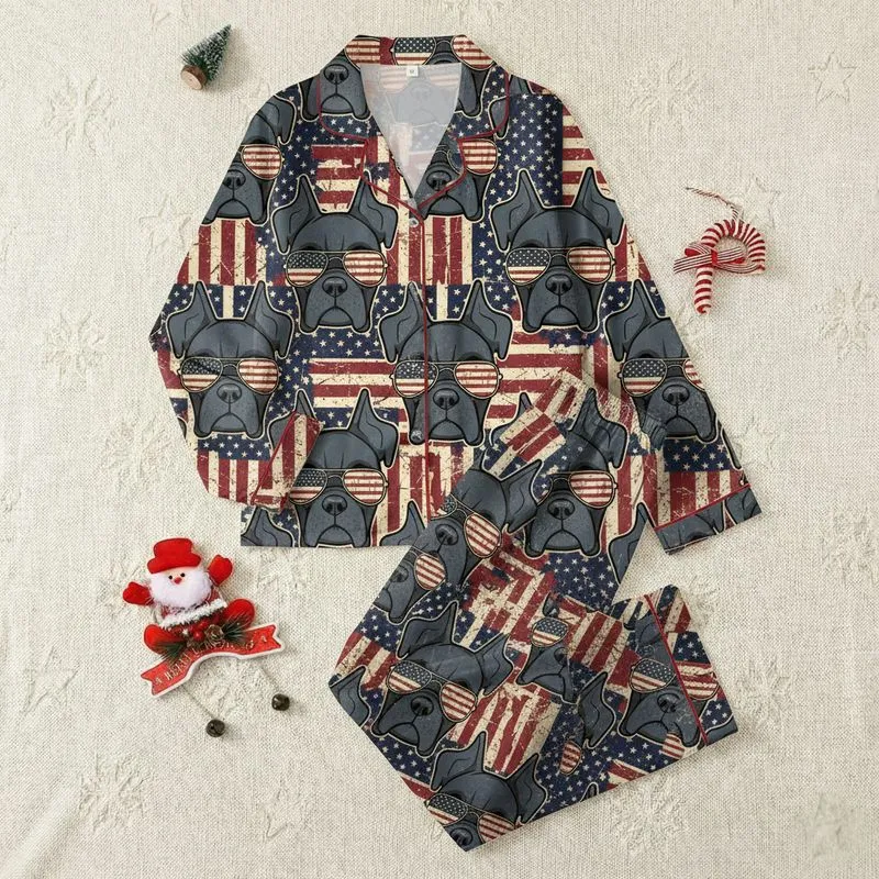 Boxer Dog Lover's Distressed Patriotic Boxer Dog Aviator Sunglasses Flag Grunge Pattern Satin Pajamas Set - 1