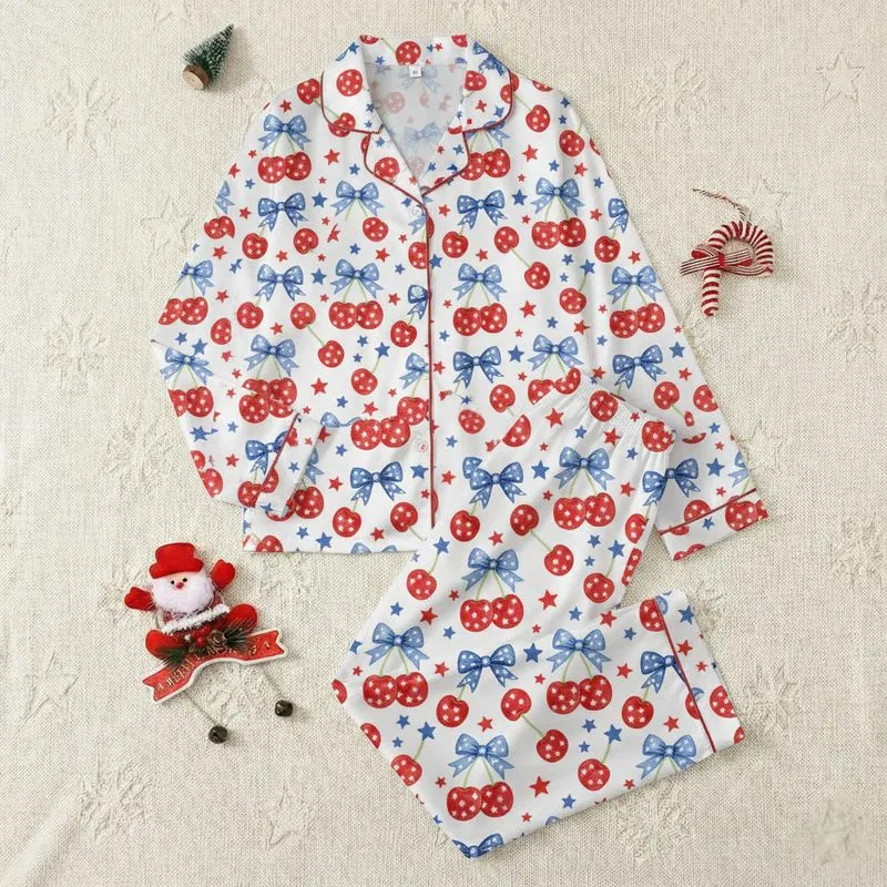 Patriotic Style Lovers' Whimsical Red Cherries Blue Bows White Stars Watercolor Pattern Satin Pajamas Set - 1