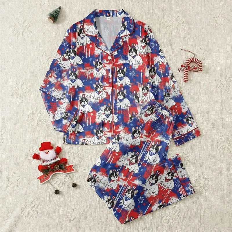 French Bulldog Lovers' Patriotic Illustrative Dogs in Uncle Sam Hats on Distressed Red White Blue Grunge Flag Stars Satin Pajamas Set - 1
