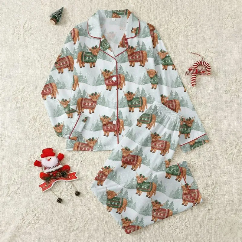 Highland Cow Lovers' Whimsical Fair Isle Sweater Cows Snowy Evergreen Christmas Watercolor Satin Pajamas Set - 1