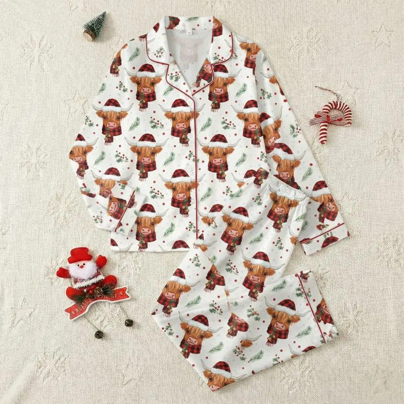 Whimsical Art Lovers' Festive Watercolor Highland Cow Heads Red Plaid Santa Hats Pattern Satin Pajamas Set - 1