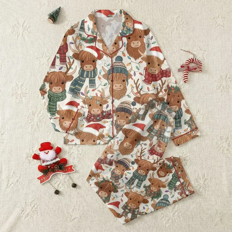 Highland Cow Lovers Whimsical Christmas Pattern: Brown Cows, Santa Hats, Plaid, Multi-Color Lights Satin Pajamas Set - 1